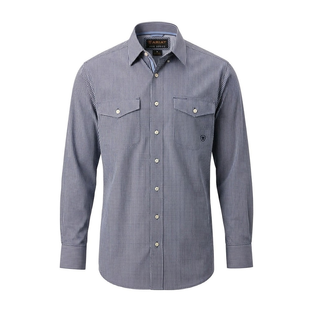 Ariat Pro Series Men's Shirts Navy Gingham Check Logo Rodeo Cowboy Size LARGE